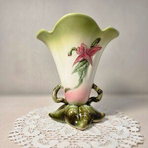 Vintage Ceramic Floral Vase With Hand-Painted Pink Lily Design & Green Accents